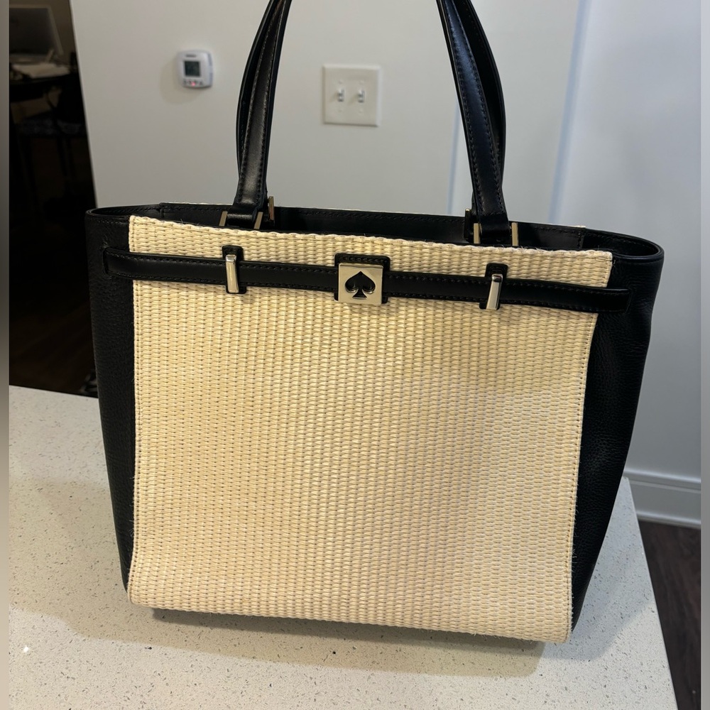 Kate Spade black leather and beige raffia tote bag